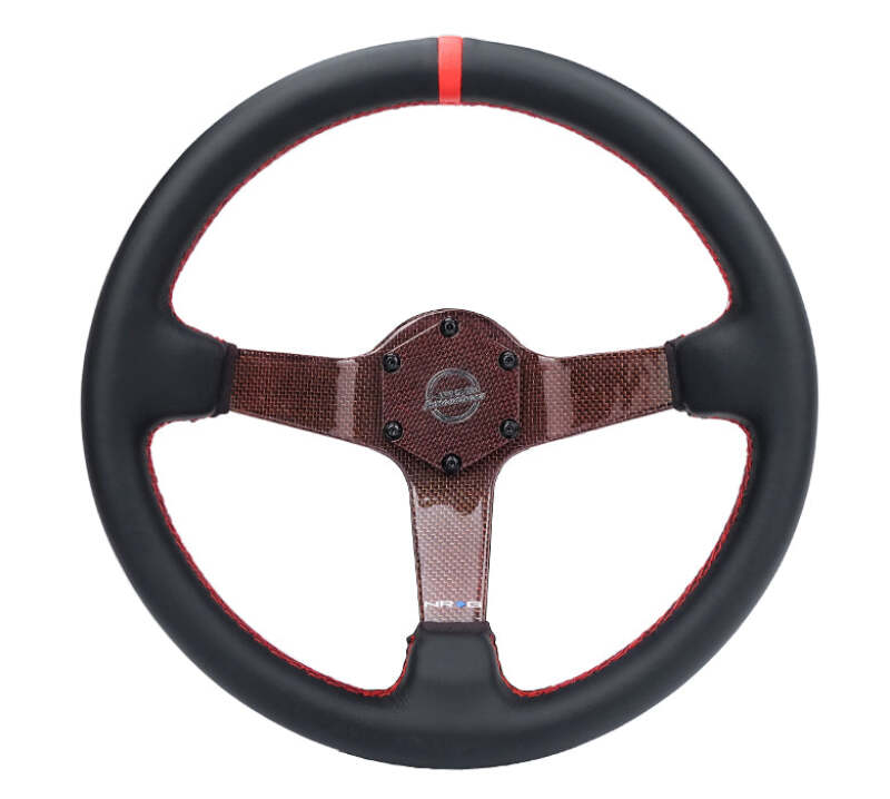 NRG Carbon Fiber Steering Wheel 350mm 3in Deep Red Carbon Fiber Red Stitching Red Center Mark Leather (RST-036CF-RD)