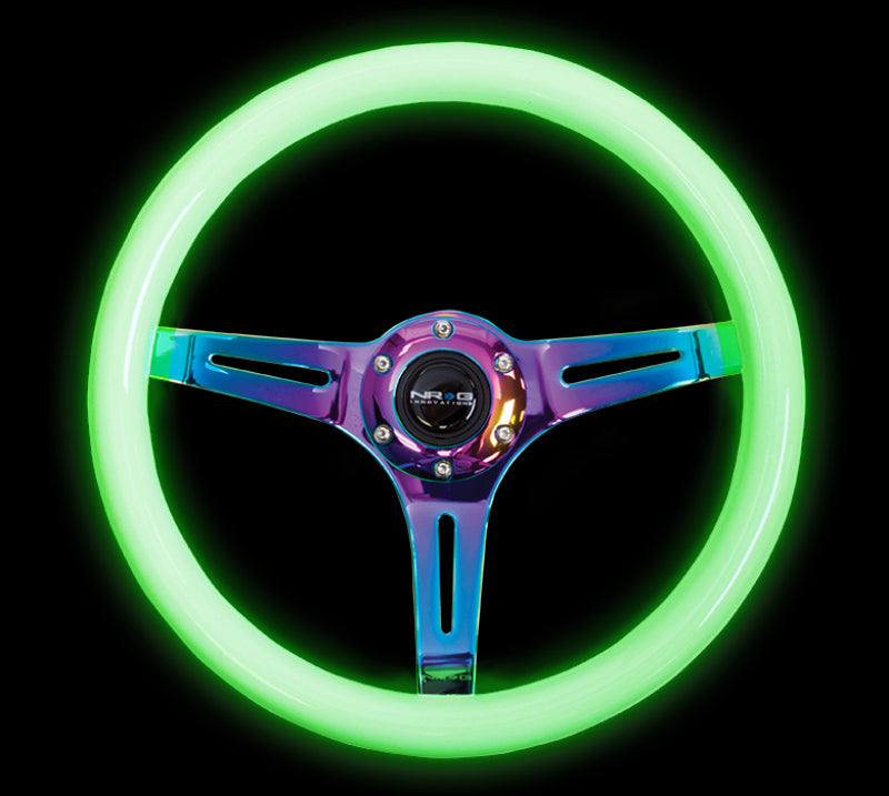 NRG Classic Wood Grain Steering Wheel (350mm) Glow-in-the-Dark Green Grip w/ Neochrome 3-Spoke Center (ST-015MC-GL) - photo 4