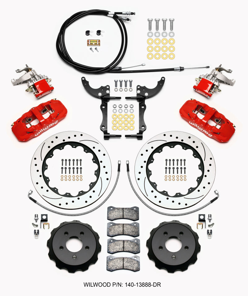 Wilwood 2015-2023 Ford Mustang Aero4/MC4 Rear Big Brake Kit with Parking Brake (14in) - Red / Drilled & Slotted