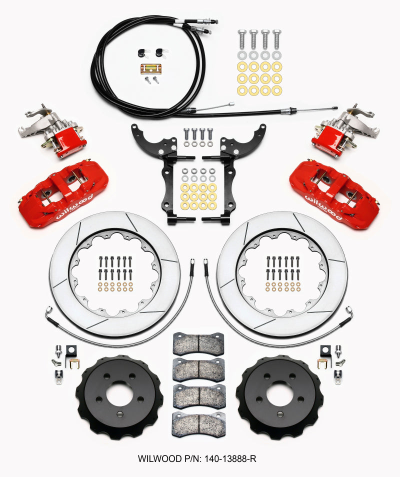 Wilwood 2015-2023 Ford Mustang Aero4/MC4 Rear Big Brake Kit with Parking Brake (14in) - Red / Slotted