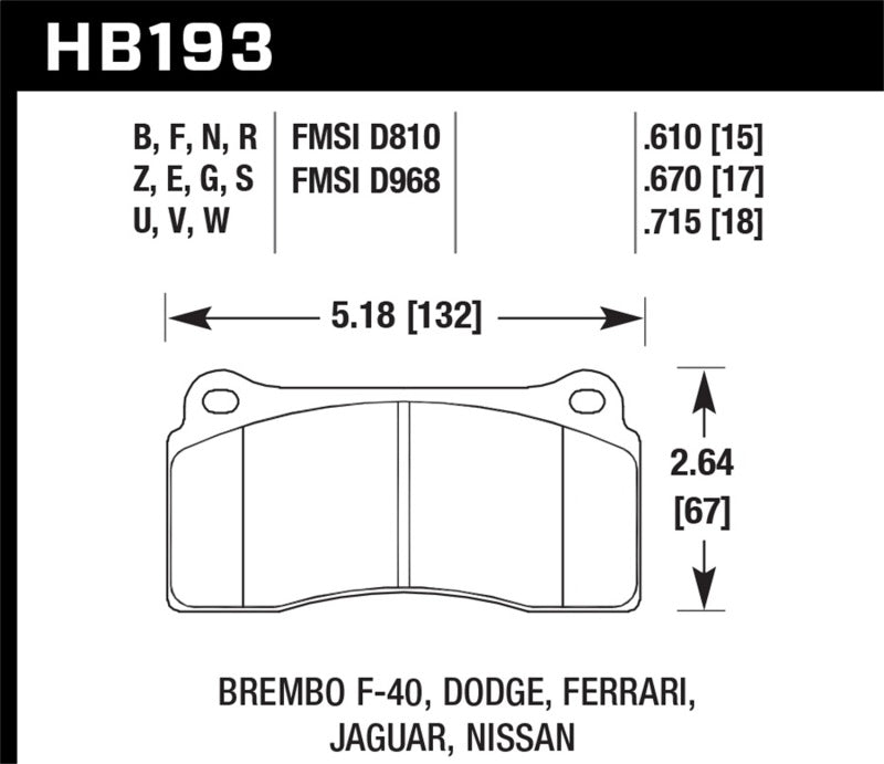 Hawk HPS 5.0 Front Brake Pads - 2003-2006 Dodge Viper SRT-10 (HB193B.670) (pad drawing)