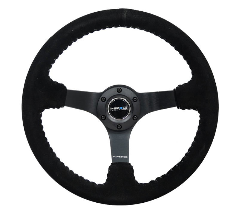 NRG Reinforced Steering Wheel (350mm / 3in. Deep) Black Suede/Silver BBall Stitch w/ 5mm Mt. Black Spokes (RST-036MB-S-SL)