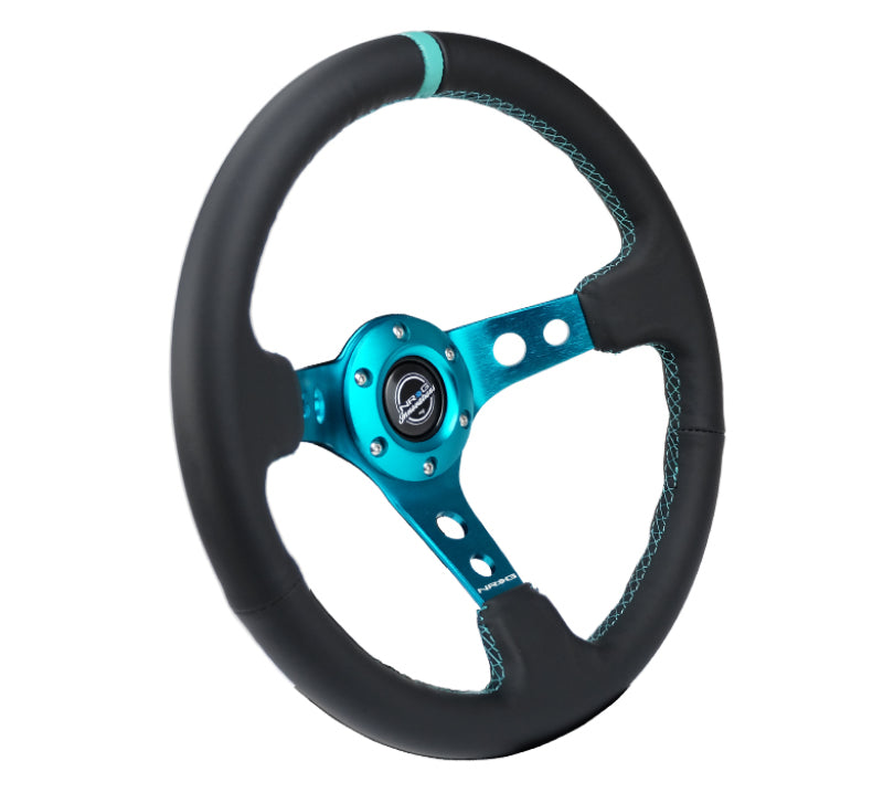 NRG Reinforce Steering Wheel (350mm / 3in. Deep) Black Leather, Teal Center Mark w/ Teal Stitching (RST-006TL) - photo 2