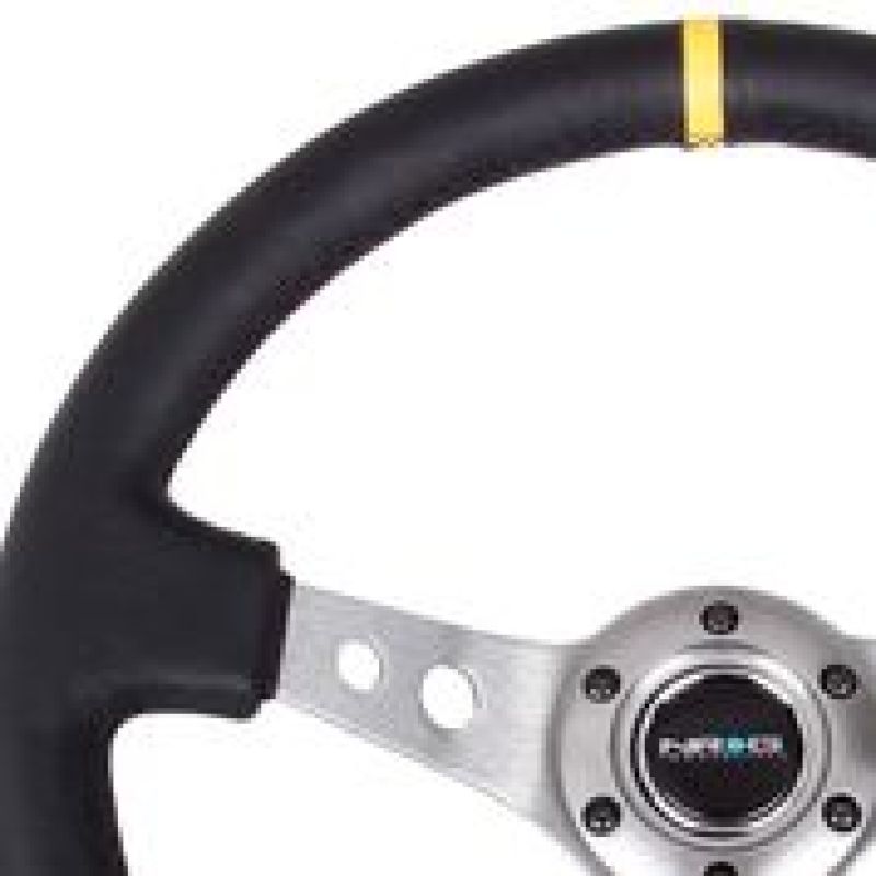 NRG Reinforced Steering Wheel (350mm / 3in. Deep) Black Leather w/ Gunmetal Cutout Spoke & Yellow CM (RST-006GM-Y)
