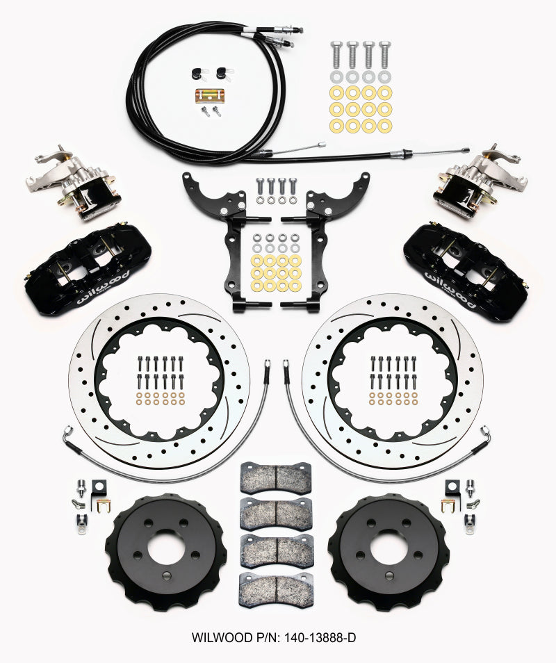 Wilwood 2015-2023 Ford Mustang Aero4/MC4 Rear Big Brake Kit with Parking Brake (14in) - Black / Drilled & Slotted