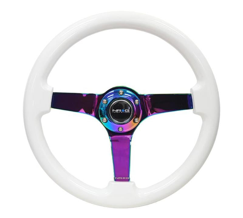 NRG Reinforced Steering Wheel (350mm / 3in. Deep) Classic White w/ 4mm Neochrome Solid 3-Spoke (RST-036WT-MC)