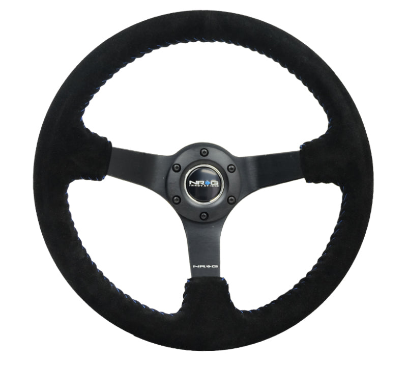 NRG Reinforced Steering Wheel (350mm / 3in. Deep) Black Suede/Blue BBall Stitch w/ 5mm Matte Black Spokes (RST-036MB-S-BL)
