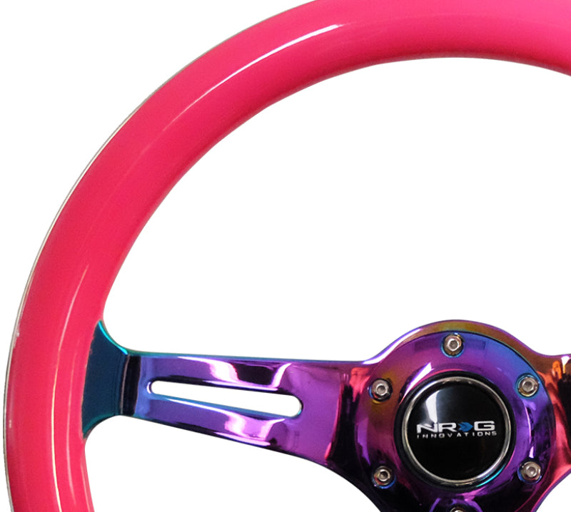 NRG Classic Wood Grain Steering Wheel (350mm) Neon Pink Painted Grip w/ Neochrome 3-Spoke Center (ST-015MC-NPK) - photo 2