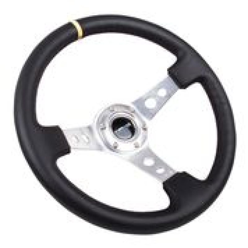 NRG Reinforced Steering Wheel (350mm / 3in. Deep) Black Leather w/ Circle Cut Spokes & Single Yellow CM (RST-006SL-Y) - photo 2