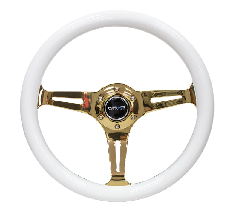 NRG Classic Wood Grain Steering Wheel (350mm) White Grip w/ Chrome Gold 3-Spoke Center (ST-015CG-WT)