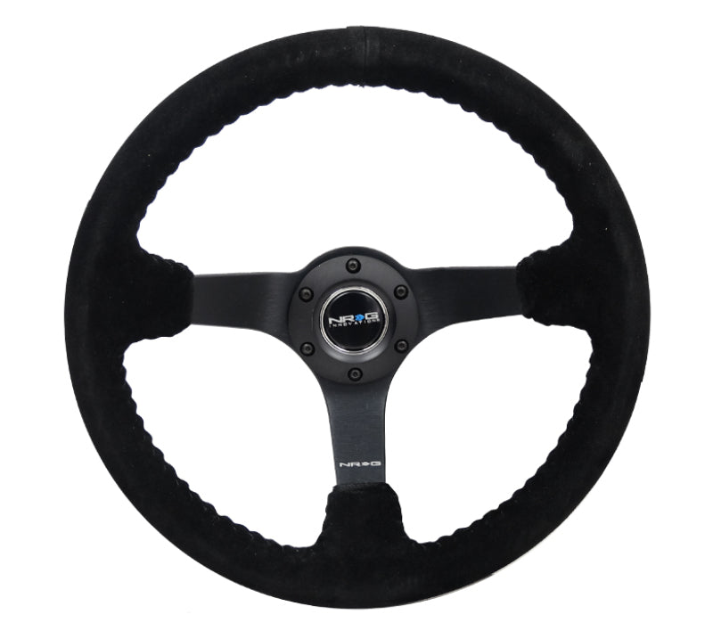 NRG Reinforced Steering Wheel (350mm / 3in. Deep) Black Suede/Black Bball Stitch w/ 5mm Matte Black Spoke (RST-036MB-S-BK)