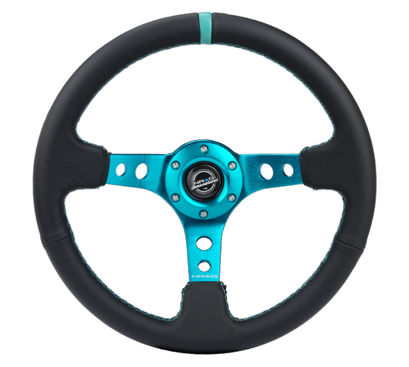 NRG Reinforce Steering Wheel (350mm / 3in. Deep) Black Leather, Teal Center Mark w/ Teal Stitching (RST-006TL)