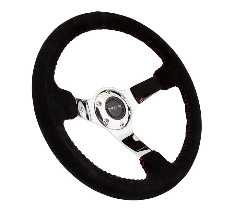 NRG Reinforced Steering Wheel (350mm / 3in. Deep) Black Suede w/ Red BBall Stitch & Chrome 3-Spoke (RST-036CH-S) - photo 2