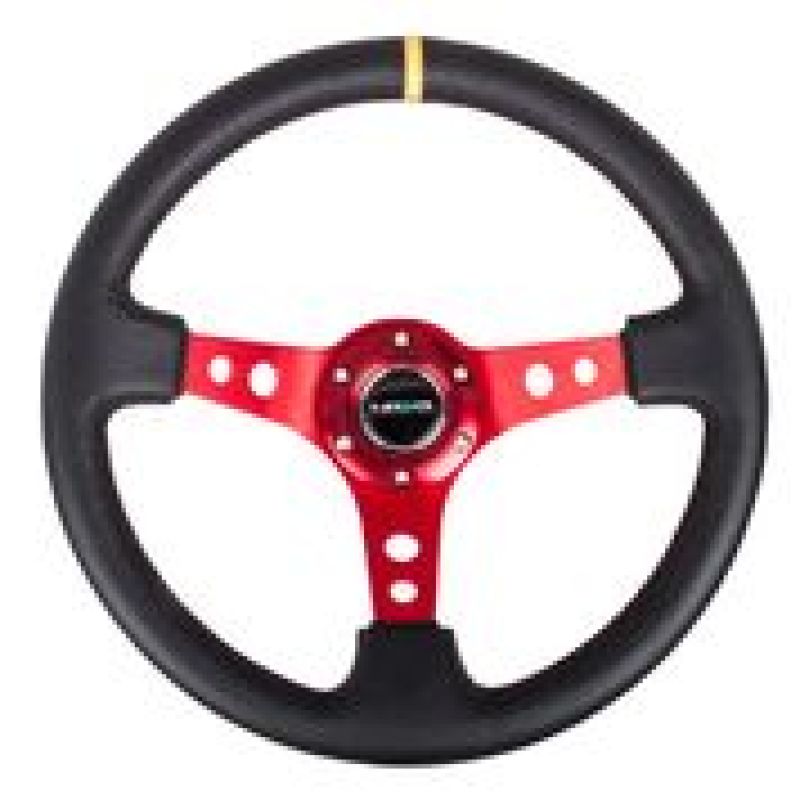 NRG Reinforced Steering Wheel (350mm / 3in. Deep) Black Leather w/ Red Spokes & Sgl Yellow Center Mark (RST-006RD-Y) - photo 3