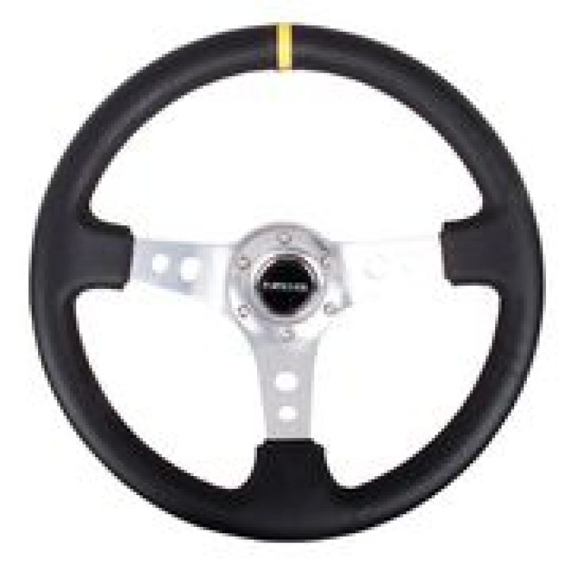 NRG Reinforced Steering Wheel (350mm / 3in. Deep) Black Leather w/ Circle Cut Spokes & Single Yellow CM (RST-006SL-Y) - photo 3