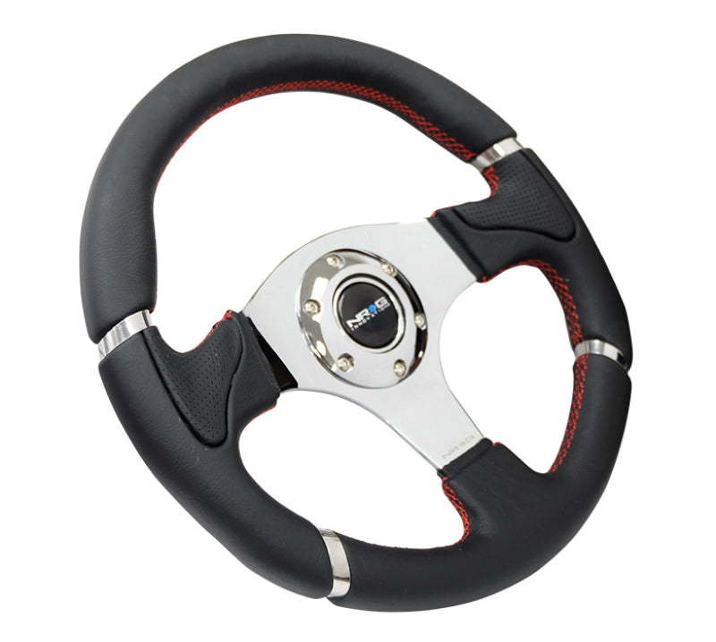 NRG Reinforced Steering Wheel (320mm) Black Leather/Red Stitching w/ Chrome 3-Spoke Center (RST-008R) - photo 2
