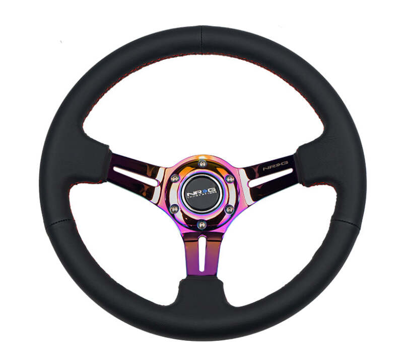 NRG Reinforced Steering Wheel (350mm / 3in. Deep) Black Leather/Red Stitch w/ Neochrome Slits (RST-018R-MCRS) - photo 3