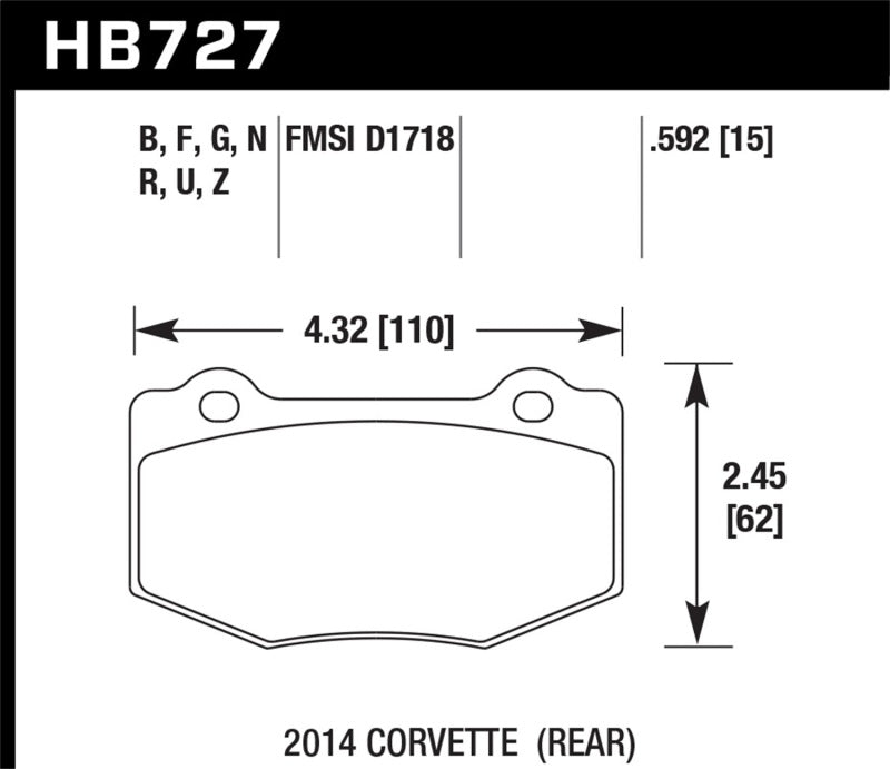 Hawk DTC-60 Rear Brake Pads - 2014 Chevrolet Corvette (HB727G.592) (pad drawing)