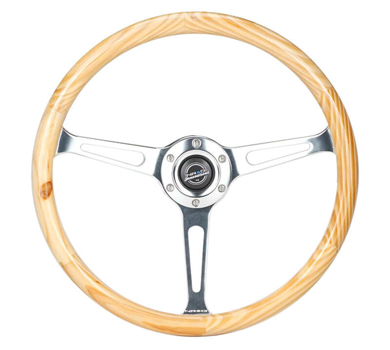 NRG Reinforced Steering Wheel (380mm) Light Wood Grain w/ 3-Spoke Center Shiny Chrome (RST-380RG)