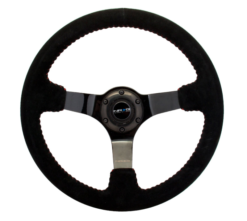 NRG Reinforced Steering Wheel (350mm / 3in. Deep) Black Suede w/ Red BBall Stitch & Black 3-Spoke (RST-036BK-S)
