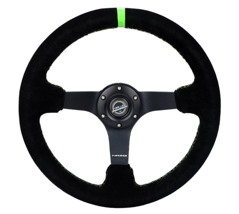 NRG Reinforced Steering Wheel 350mm/3in. Deep Black Suede/ Neon Green Stitch w/ 5mm Matte Black Spoke (RST-036MB-S-GN)