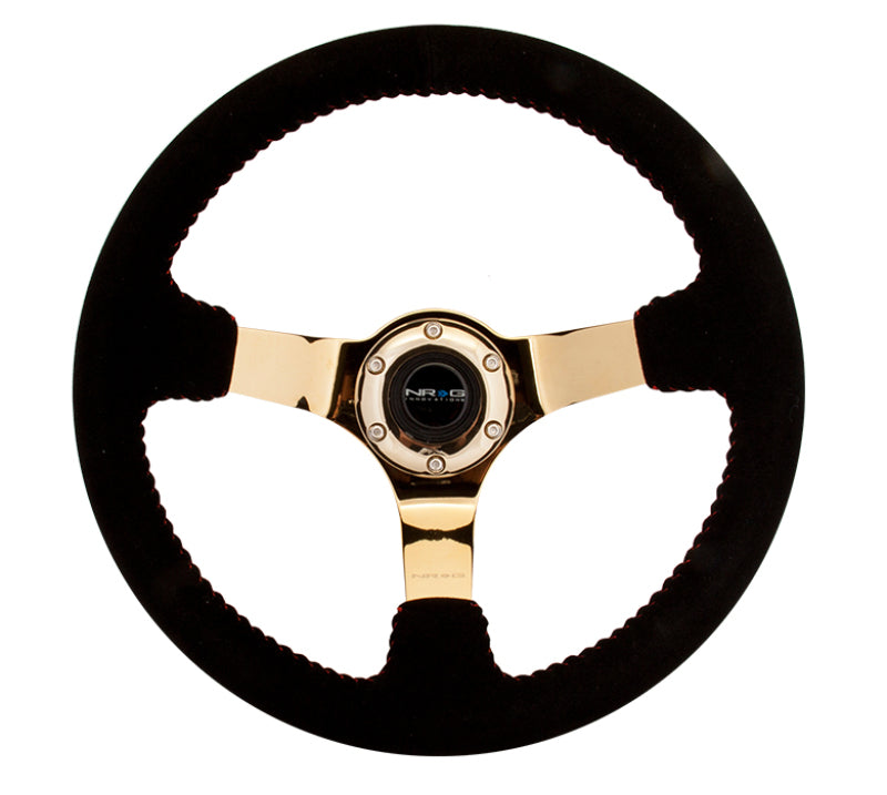 NRG Reinforced Steering Wheel (350mm / 3in. Deep) Black Suede w/ Red BBall Stitch & Chrome Gold 3-Spoke (RST-036GD-S)