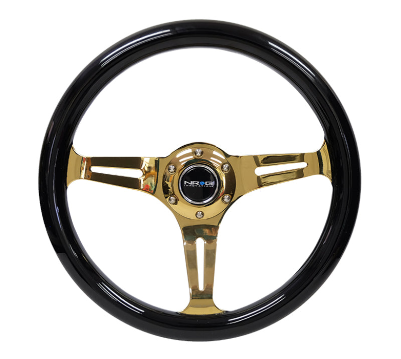 NRG Classic Wood Grain Steering Wheel (350mm) Black Grip w/ Chrome Gold 3-Spoke Center (ST-015CG-BK)