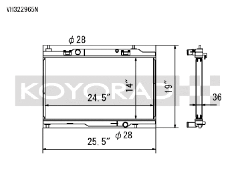 Koyo 2014-2019 Ford Fiesta ST 1.6L Turbo (36mm Hyper Core, N-FLO Triple Pass) Radiator - part drawing