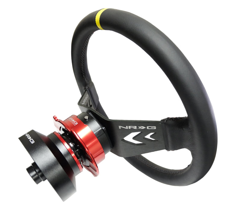 NRG Reinforced Steering Wheel (350mm / 3in Deep) Black Leather w/ NRG Arrow-Cut 2-Spoke & Sgl Yellow CM (RST-022R-Y) - photo 2