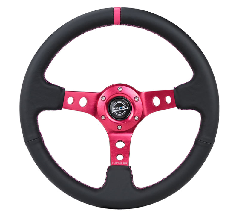 NRG Reinforced Steering Wheel (350mm/3in. Deep) Black Leather/ Fuchsia Center Mark/ Fuchsia Stitching (RST-006FH)