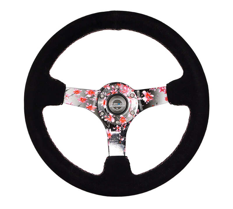 NRG Reinforced Steering Wheel (350mm) 3in Deep Pink Sakura Floral Solid Spoke - Black Suede/Stitch (RST-036SAK-S)