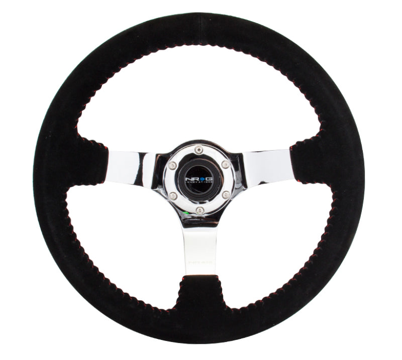 NRG Reinforced Steering Wheel (350mm / 3in. Deep) Black Suede w/ Red BBall Stitch & Chrome 3-Spoke (RST-036CH-S)