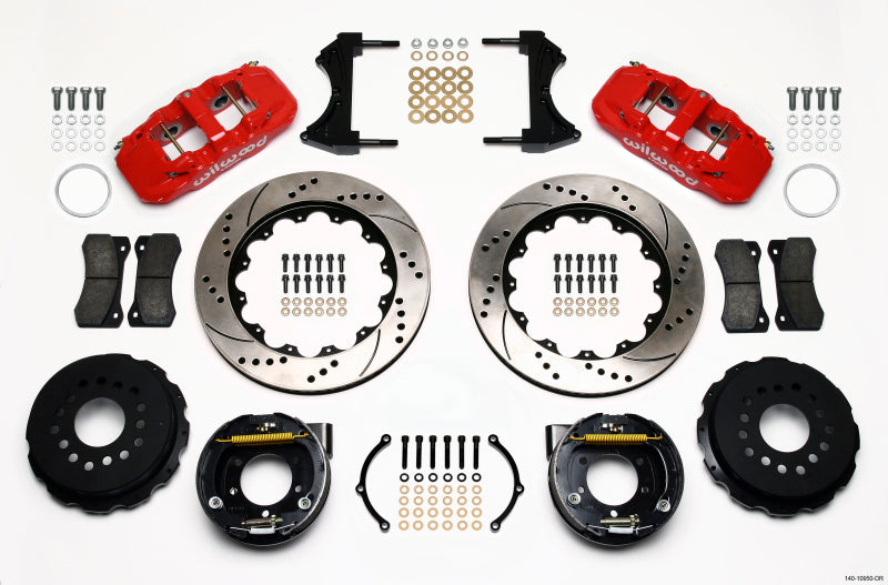 Wilwood 2005-2014 Ford Mustang Aero4 Rear Big Brake Kit with Parking Brake (14in) - Red / Drilled & Slotted