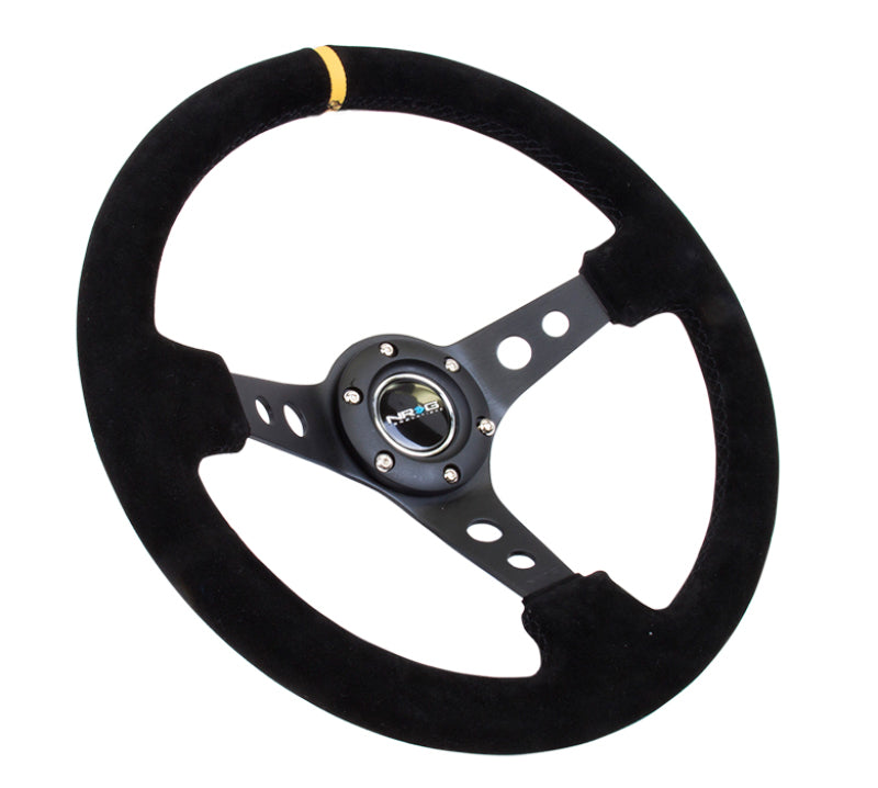 NRG Reinforced Steering Wheel (350mm / 3in. Deep) Black Suede w/ Circle Cut Spokes & Single Yellow CM (RST-006S-Y) - photo 2