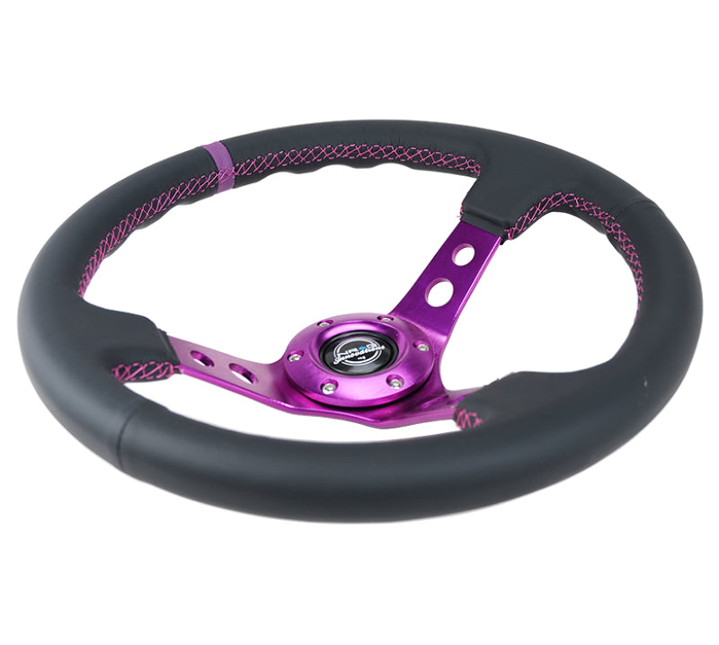 NRG Reinforced Steering Wheel (350mm / 3in. Deep) Black Leather w/ Purple Center & Purple Stitching (RST-006PP) - photo 3