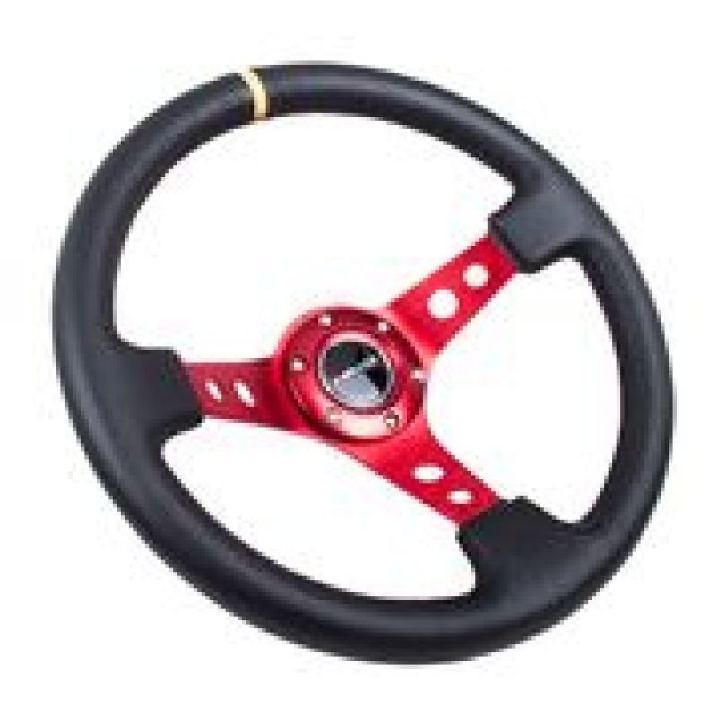NRG Reinforced Steering Wheel (350mm / 3in. Deep) Black Leather w/ Red Spokes & Sgl Yellow Center Mark (RST-006RD-Y) - photo 2