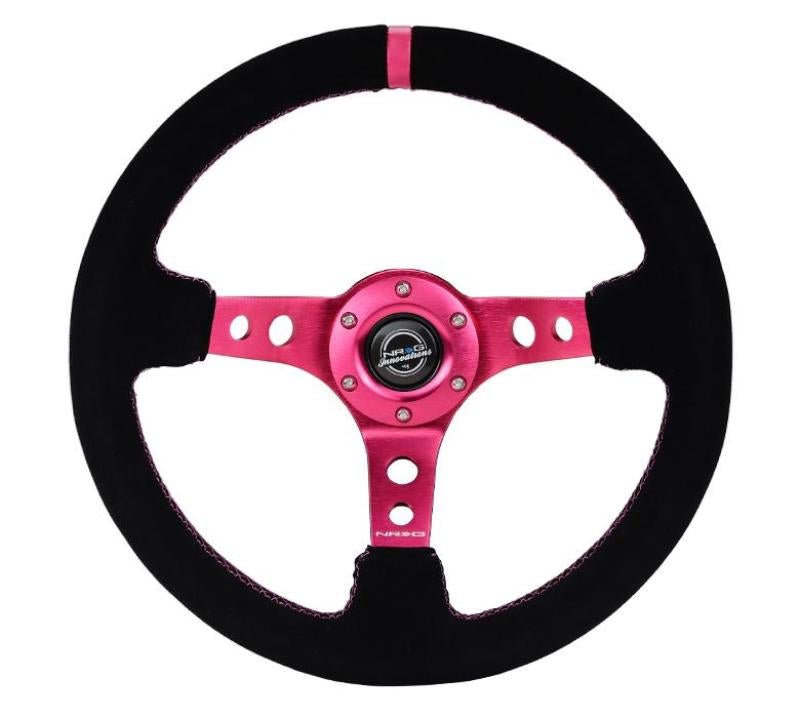 NRG Reinforced Steering Wheel (350mm/ 3in. Deep) Black Suede/ Fuchsia Center Mark/ Fuchsia Stitching (RST-006S-FH)