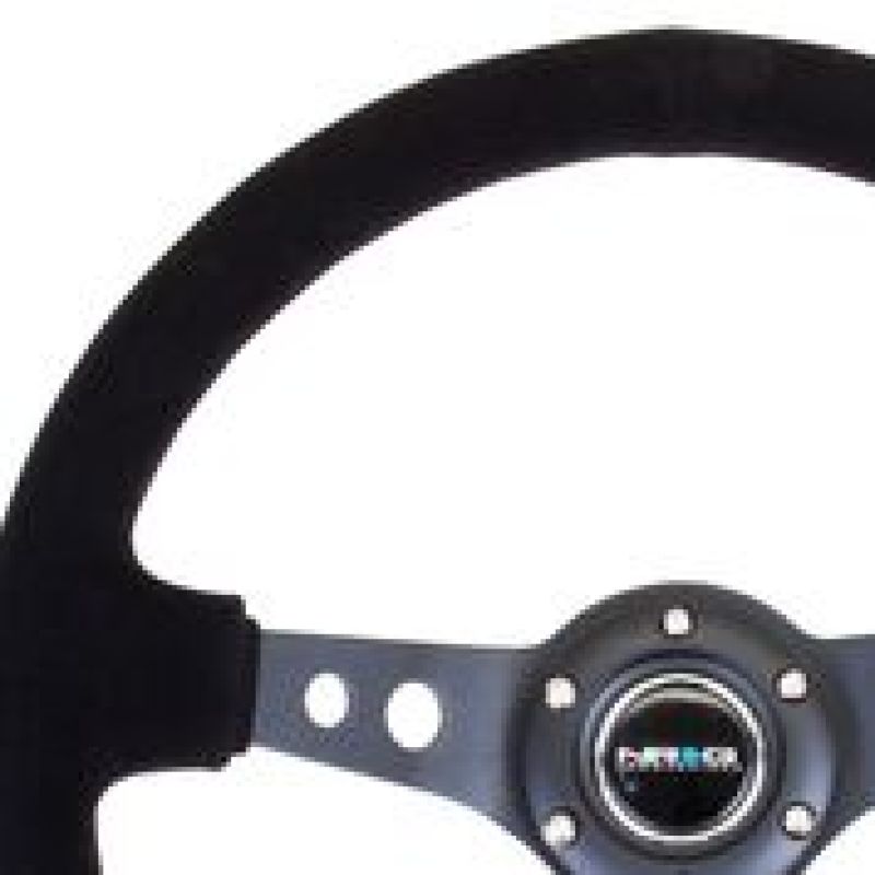 NRG Reinforced Steering Wheel (350mm / 3in. Deep) Black Suede/Black Stitch w/ Black Circle Cutout Spokes (RST-006-S)