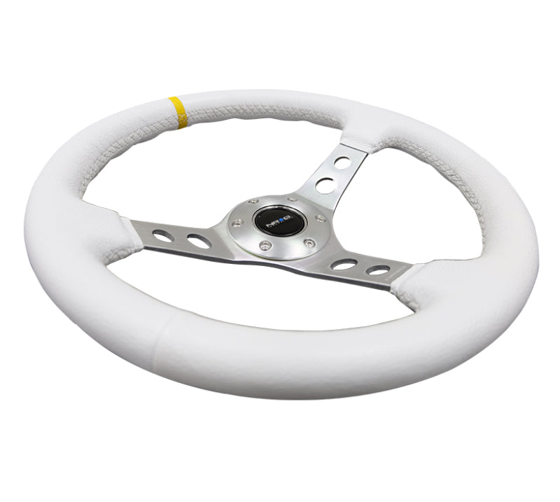 NRG Reinforced Steering Wheel (350mm / 3in. Deep) White Leather w/ Silver Spoke & Single Yellow Mark (RST-006WT-Y) - photo 4