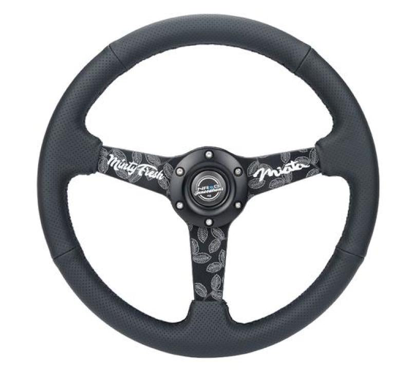 NRG Sport Steering Wheel (350mm/ 1.5in. Deep) Black Etched Spokes/ Black Leather w/ Black Stitch (RST-037MB-MF)
