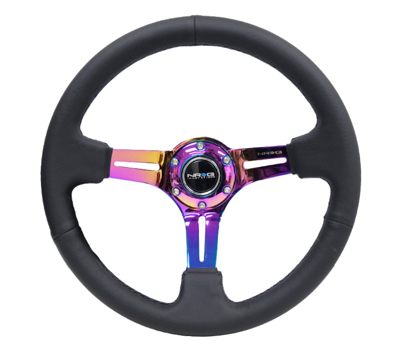 NRG Reinforced Steering Wheel (350mm / 3in. Deep) Black Leather/Black Stitch w/ Neochrome Slits (RST-018R-MCBS)