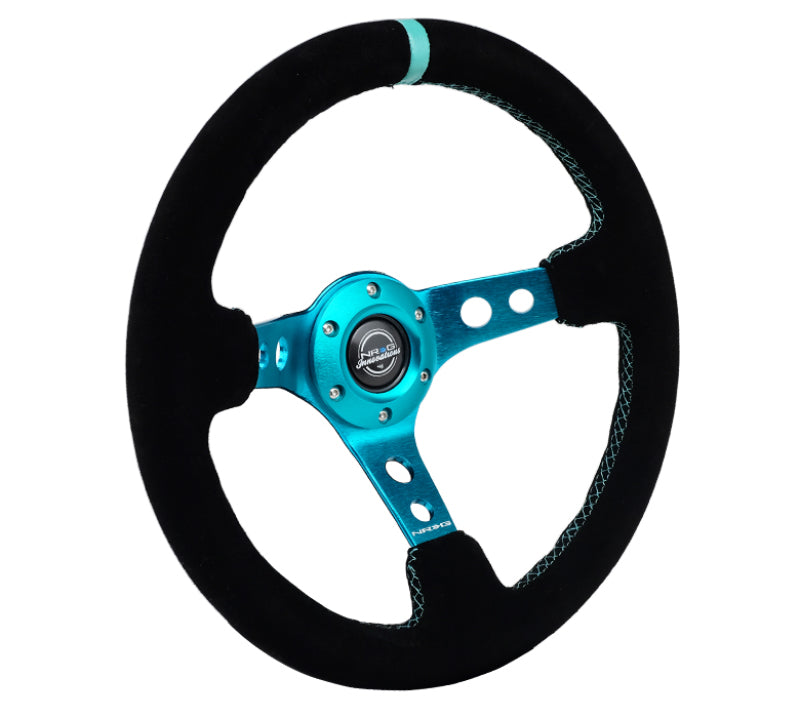 NRG Reinforced Steering Wheel (350mm/ 3in. Deep) Black Suede/ Teal Center Mark/ Teal Stitching (RST-006S-TL) - photo 2