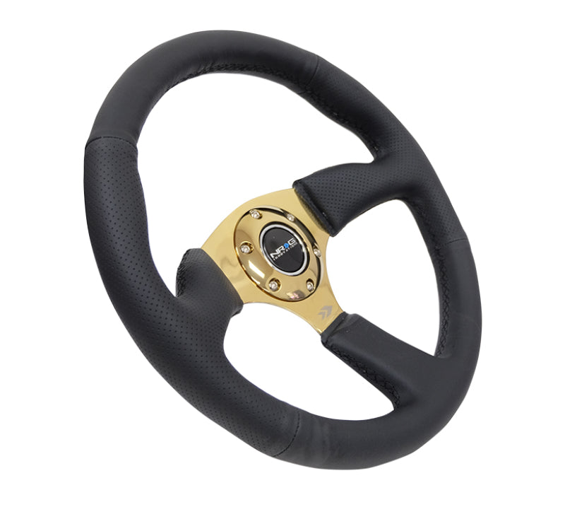 NRG Reinforced Steering Wheel (350mm / 2.5in. Deep) Leather Race Comfort Grip w/ 4mm Gold Spokes (RST-023GD-R) - photo 2