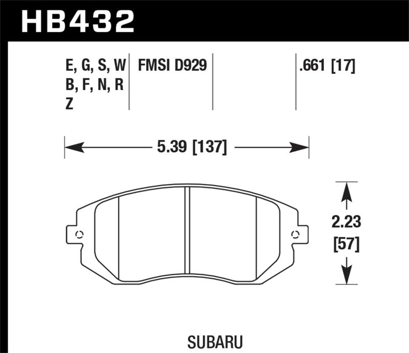 Hawk Performance Ceramic Front Brake Pads - 03-05 WRX / 08 WRX D929 (HB432Z.661) (pad drawing)