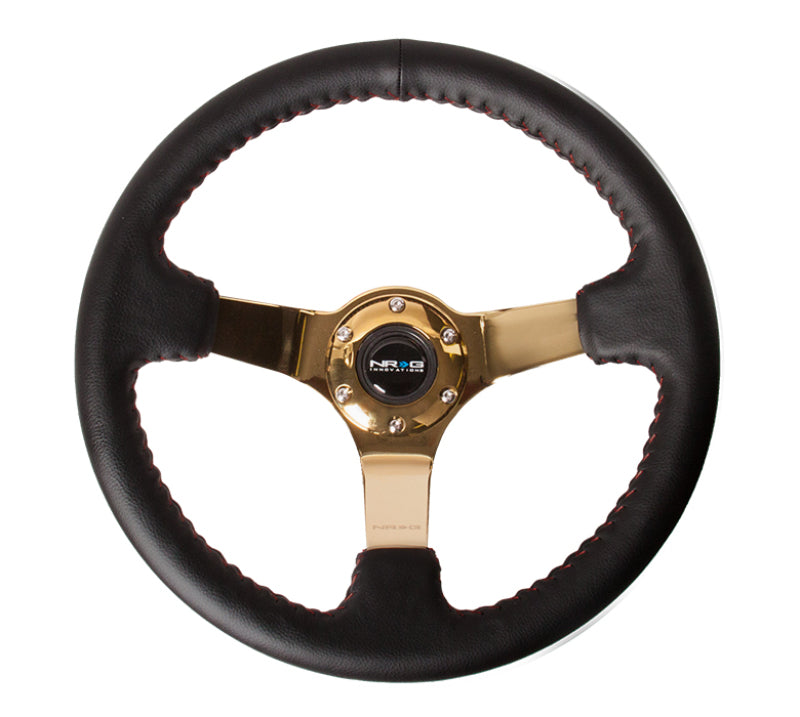 NRG Reinforced Steering Wheel (350mm / 3in. Deep) Black Leather/Red BBall Stitch w/ 4mm Gold Spokes (RST-036GD)