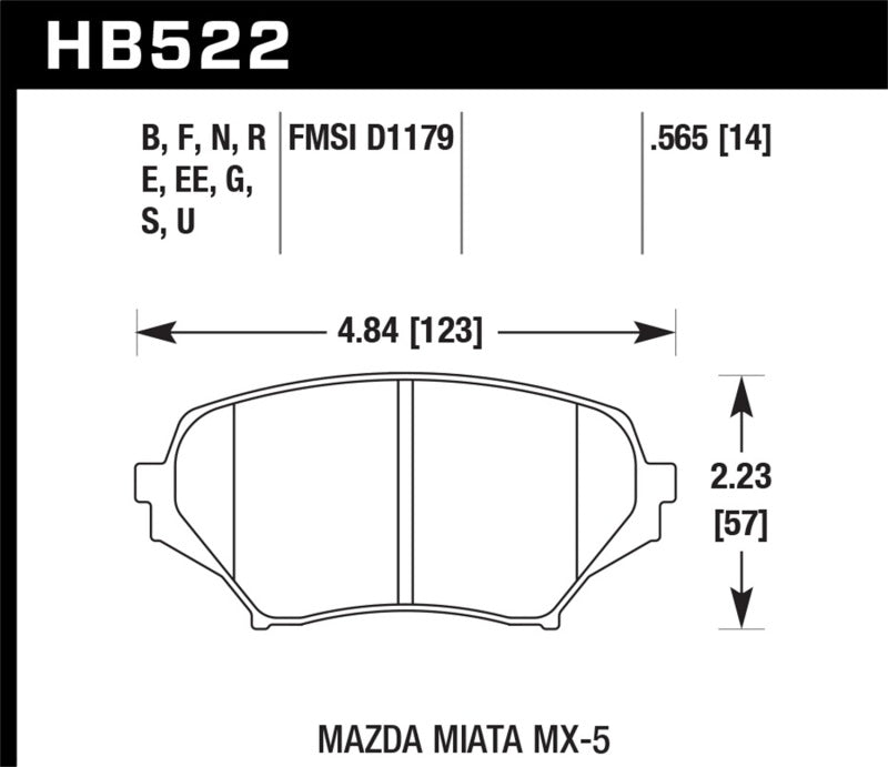 Hawk DTC-70 Front Brake Pads - 06-10 Mazda Miata MX-5 (HB522U.565) (pad drawing)