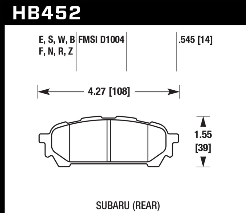 Hawk HPS Rear Brake Pads - 03-05 WRX D1004 (HB452F.545) (pad drawing)