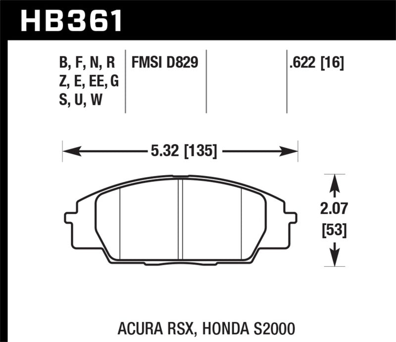 Hawk HT-10 Front Brake Pads - 02-06 Acura RSX / 06-11 Honda Si / 00-09 S2000 (HB361S.622) (pad drawing)
