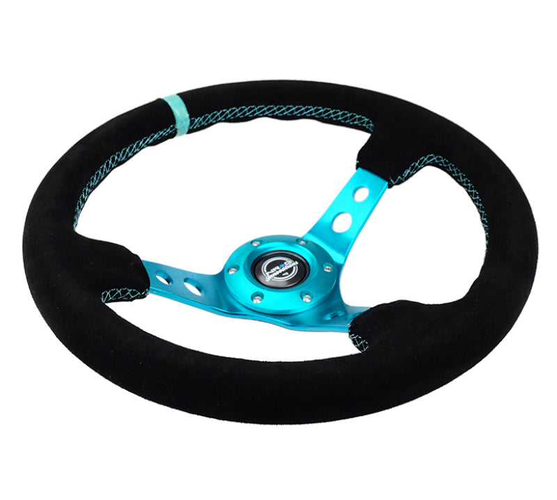 NRG Reinforced Steering Wheel (350mm/ 3in. Deep) Black Suede/ Teal Center Mark/ Teal Stitching (RST-006S-TL) - photo 3