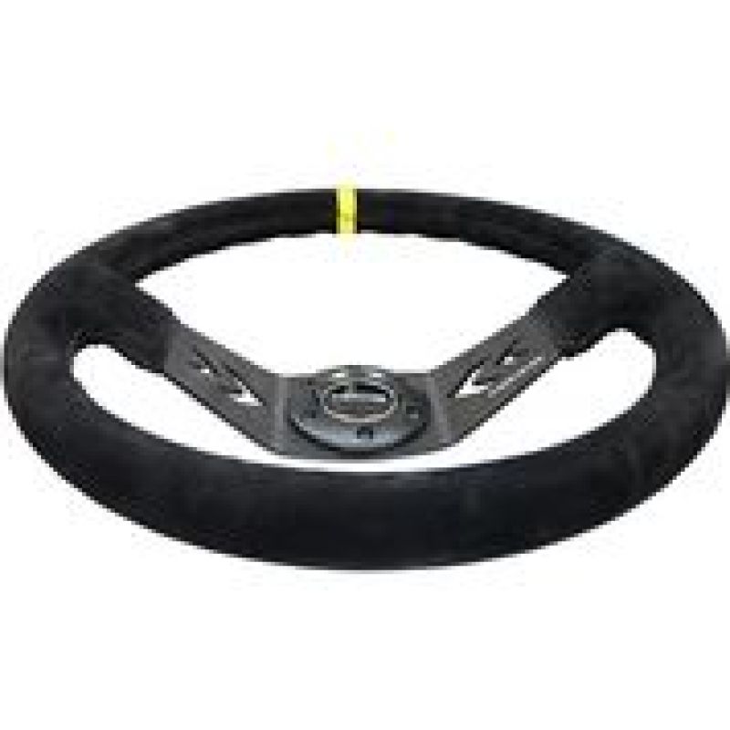 NRG Reinforced Steering Wheel (350mm / 3in. Deep) Black Suede w/ NRG Arrow Cut 2-Spoke & Yellow Mark (RST-022S-Y) - photo 2